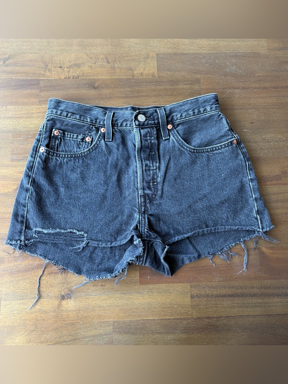 Levi's 501 Black Frayed Hem Denim Cutoff Shorts | size 27